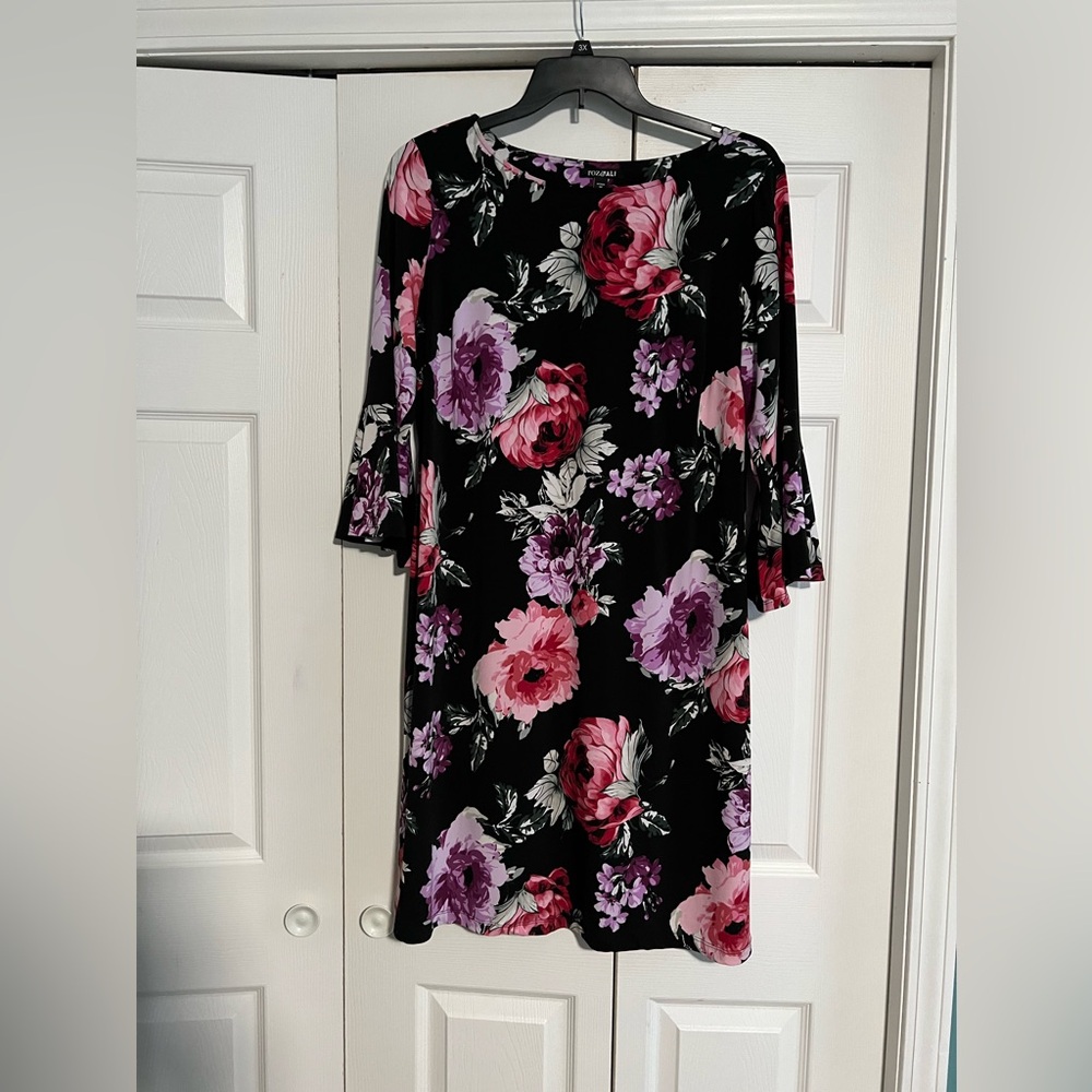 Roz & Ali Floral Dress 1x Curvy Bell Sleeve pink & Purple floral details
